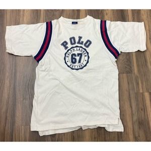 VTG Men Polo Ralph Lauren spell-out graphic knit trim sleeves t-shirt, M